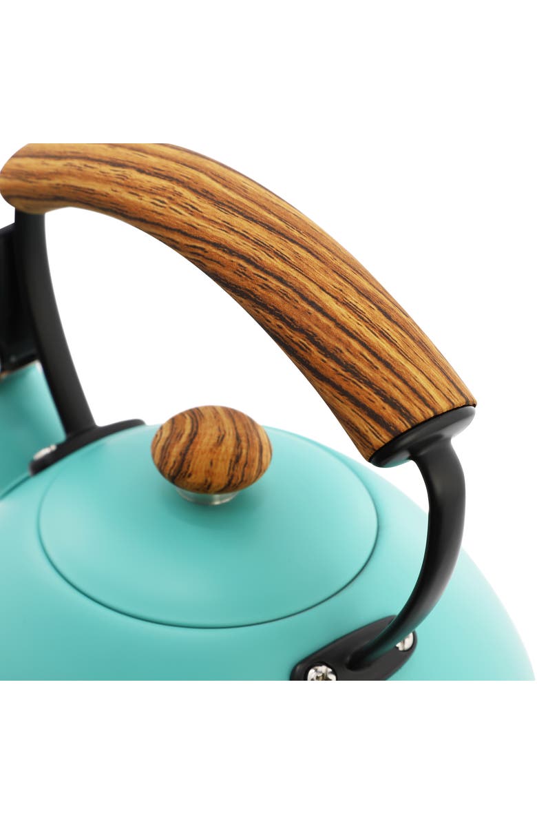Megachef 3.2 Quart Whistling Tea Kettle with Wood Grain Nylon Cool Touch Handle, Alternate, color, Matte Turquoise