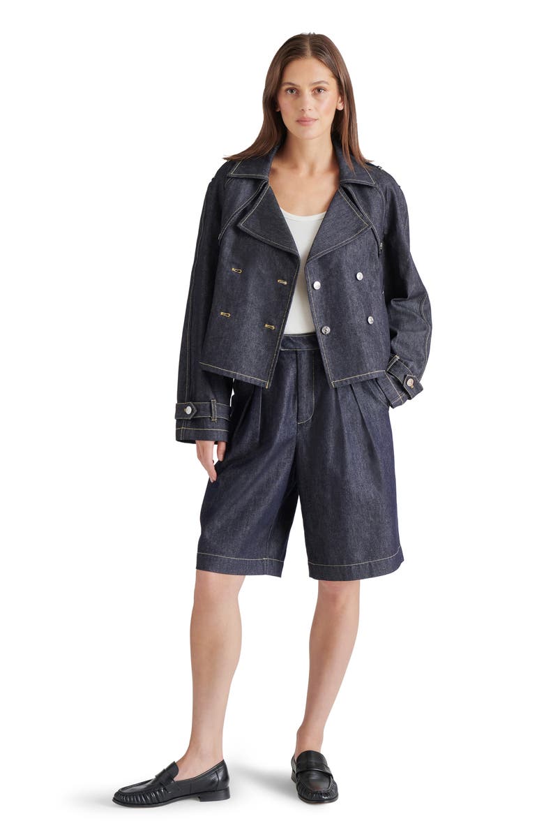 Steve Madden Sirus Crop Denim Trench Coat, Alternate, color, Dark Indigo