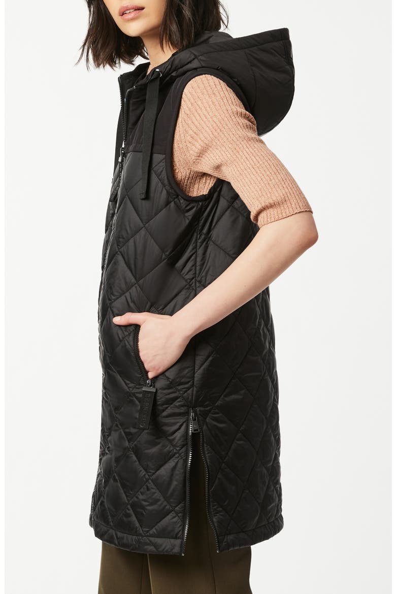 Recycled Nylon Quilted Long Vest with Hood, Alternate, color, BLACK