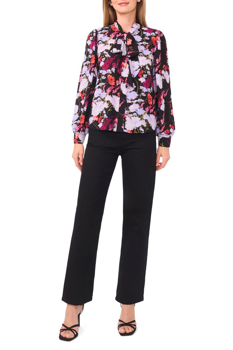 Floral Tie Neck Long Sleeve Button-Up Top, Alternate, color, RICH BLACK