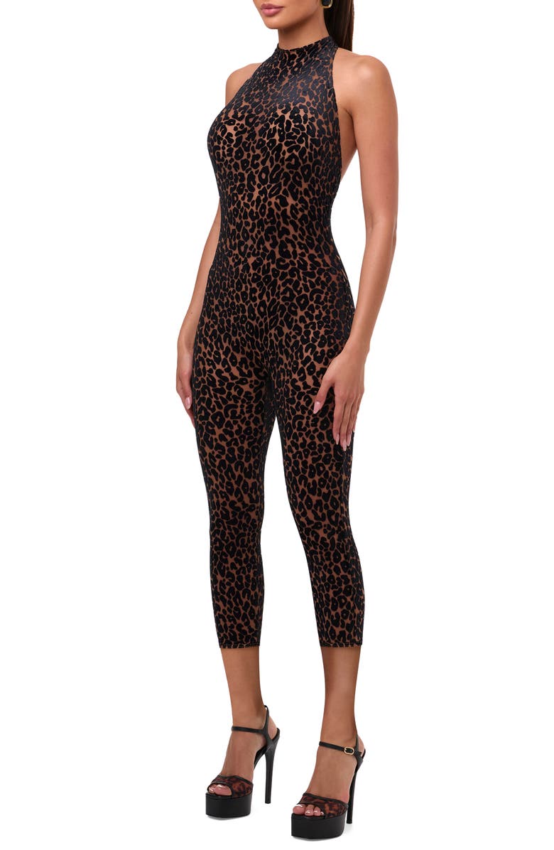 Naked Wardrobe Leopard Velvet Burnout Halter Capri Bodysuit, Alternate, color,