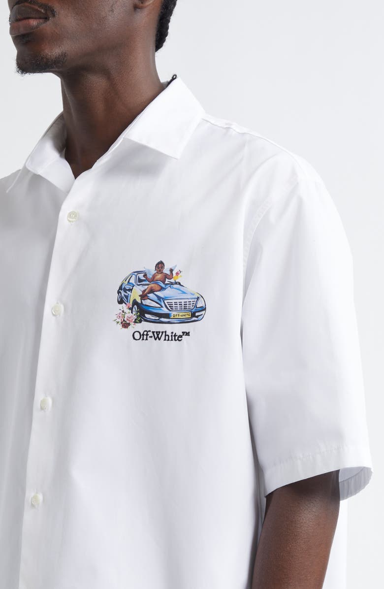 Off-White Fresco Arrow Short Sleeve Cotton Bowling Shirt, Alternate, color, White - Mu