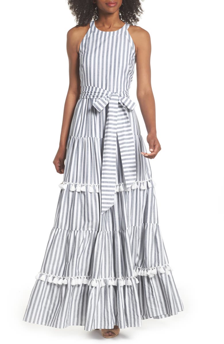 Eliza J Tiered Tassel Fringe Cotton Maxi Dress, Main, color, 