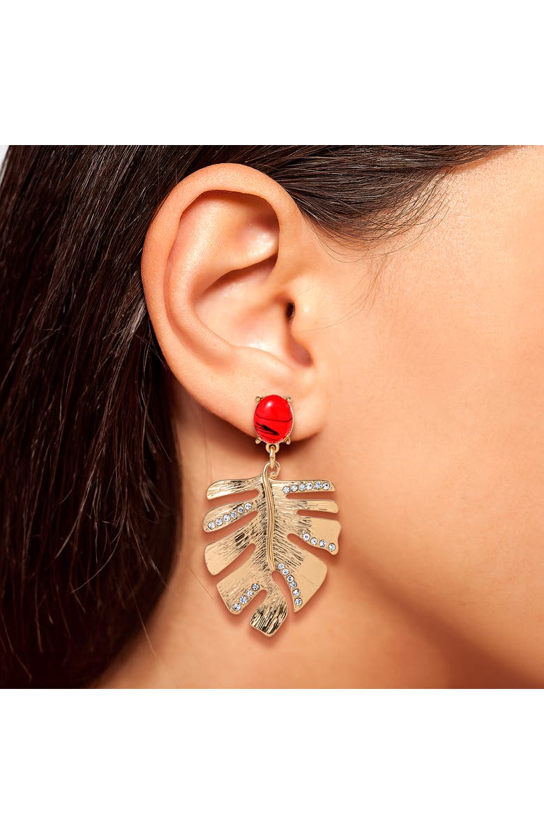 Jessica Simpson Gold-Tone Tropical Leaf Drop Earrings with Red Accents, Statement Earrings with Crystal Detailing, Alternate, color, Gold