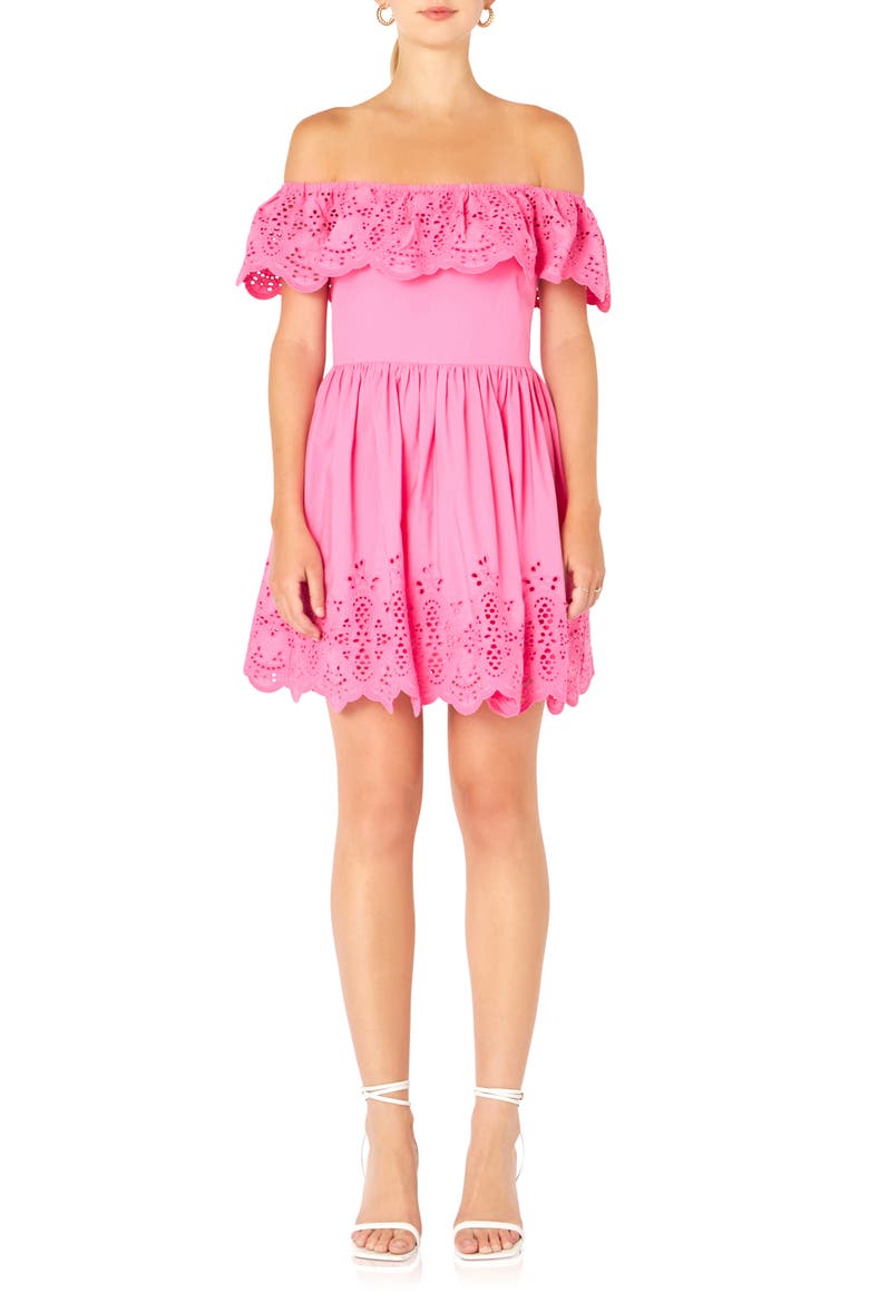 Scalloped Off the Shoulder Broderie Anglaise Dress, Main, color, FUCHSIA