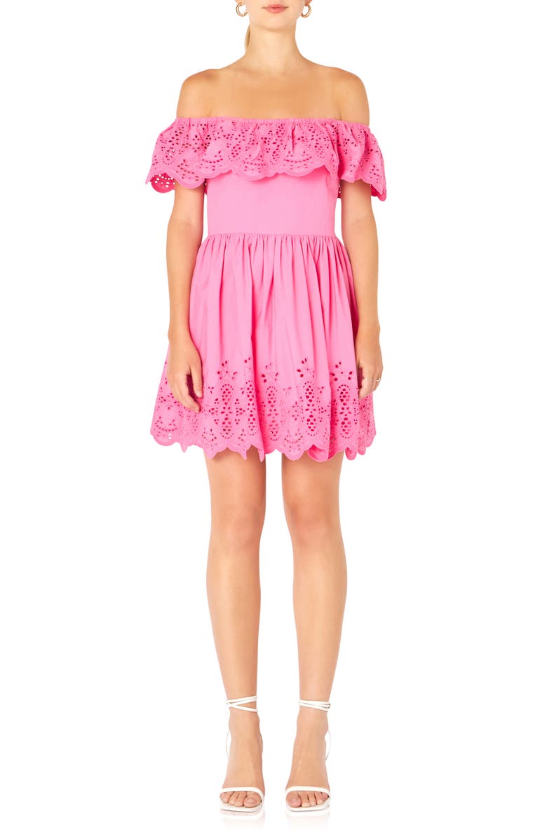 Endless Rose Scalloped Off the Shoulder Broderie Anglaise Dress, Main, color, Fuchsia