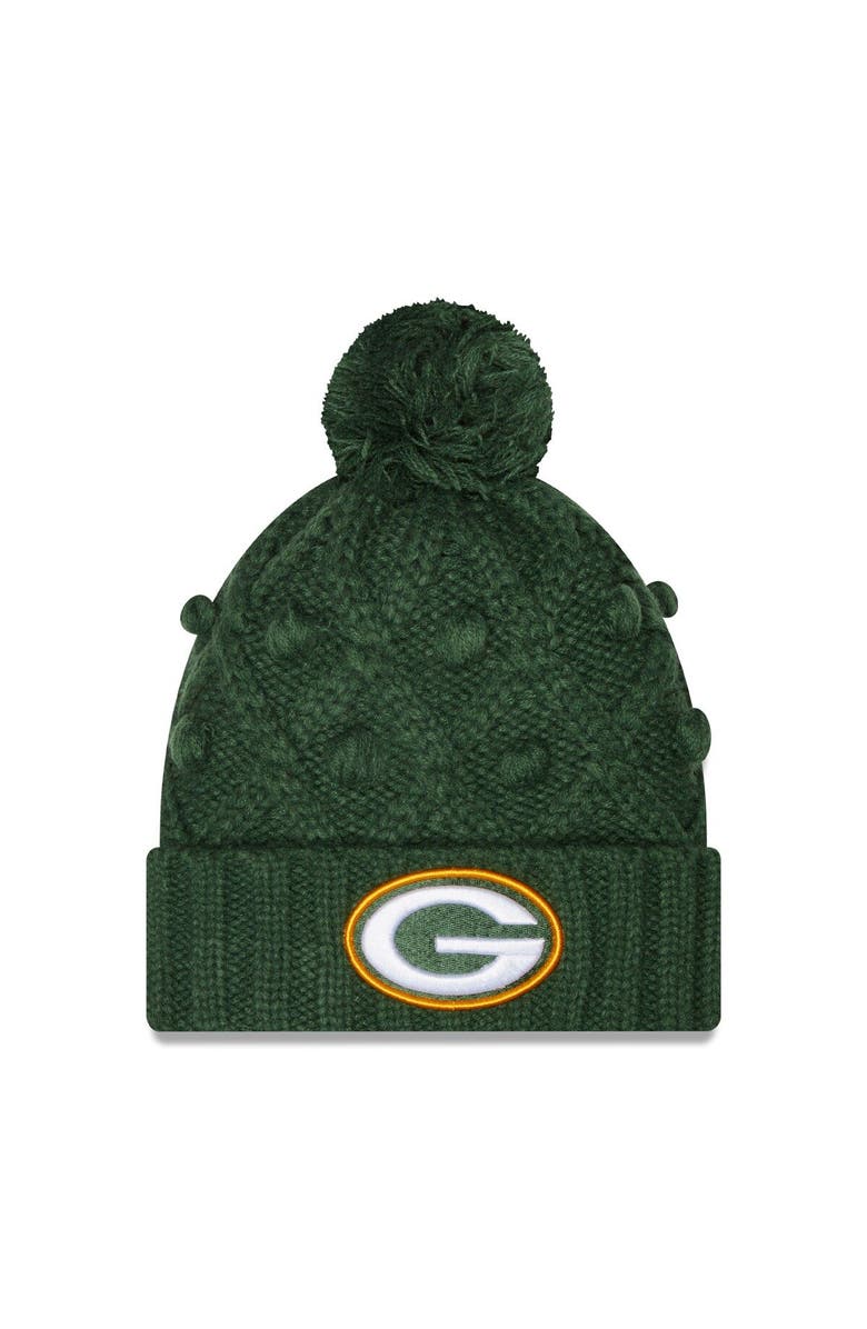 New Era Girls Youth New Era Green Green Bay Packers Toasty Cuffed Knit Hat with Pom, Main, color, Green