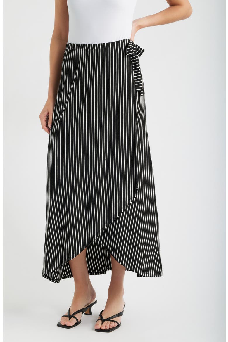 Stripe Faux Wrap High-Low Knit Midi Skirt, Main, color, BLACK