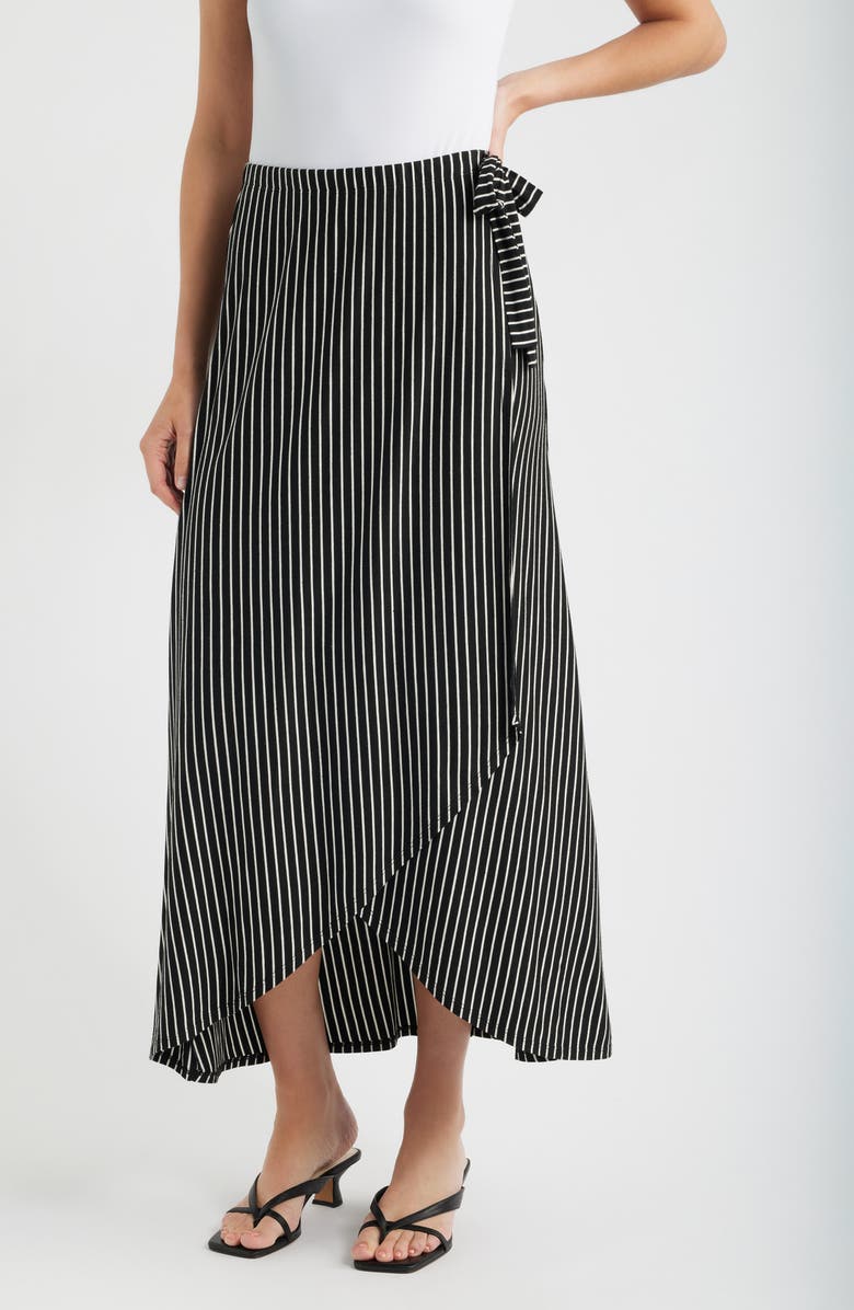 Loveappella Stripe Faux Wrap High-Low Knit Midi Skirt, Main, color, Black