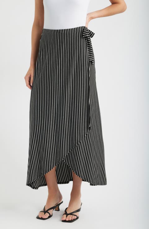 Stripe Faux Wrap High-Low Knit Midi Skirt