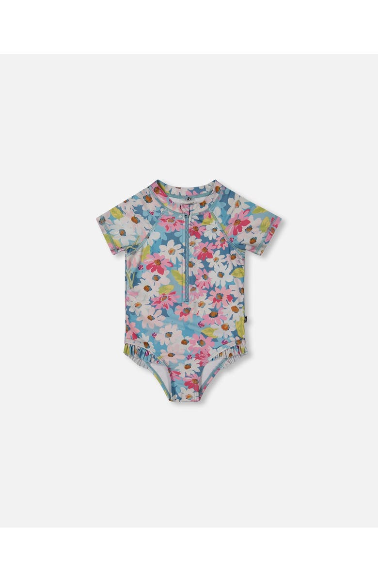Deux par Deux Little Girl's Printed Short Sleeve One-Piece Swimsuit With Frills White, Pink, And Green Flowers, Main, color,