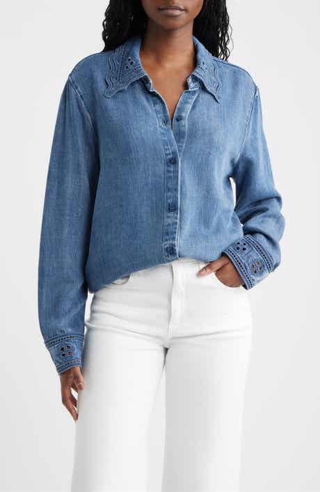 Bethany Embroidered Collar Button-Up Denim Top
