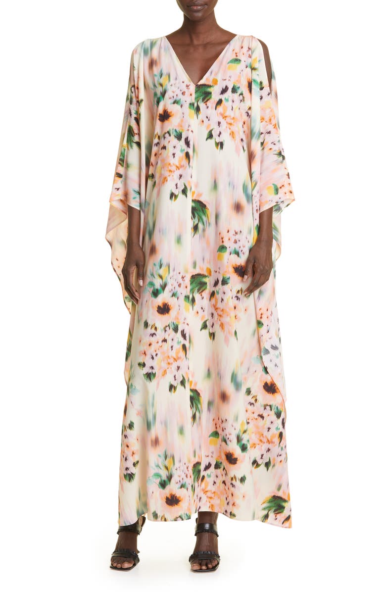 St. John Evening Blurred Floral Print Silk Blend Caftan, Main, color, 