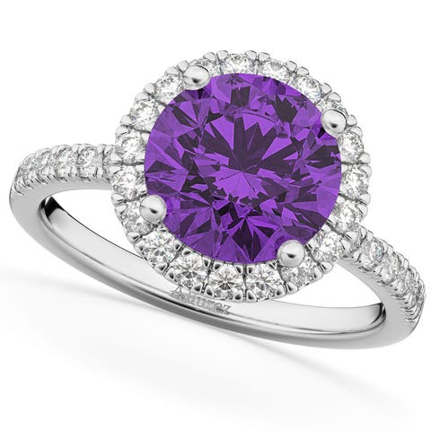Halo Amethyst & Diamond Engagement Ring 14K