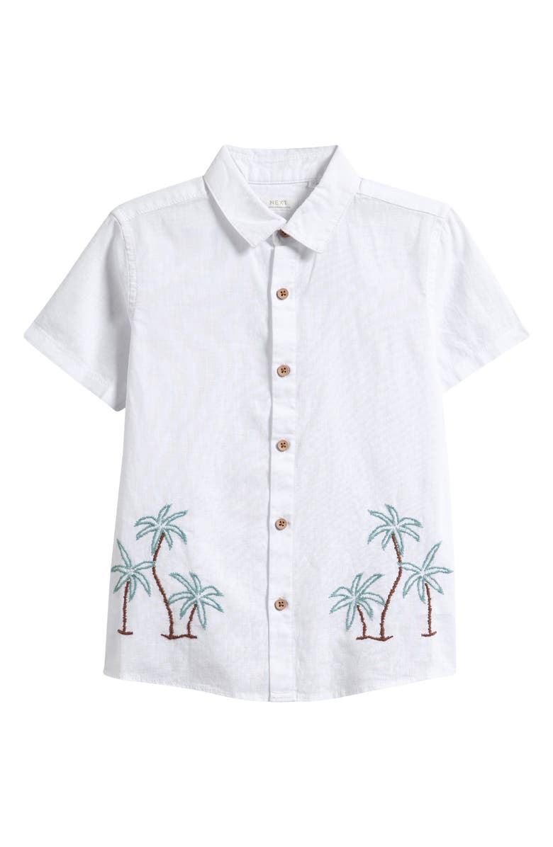 NEXT Kids' Palm Embroidered Linen & Cotton Button-Up Shirt, Main, color, White