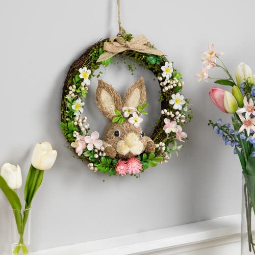 Northlight Spring Floral Easter Wreath With Peering Rabbit In Brown