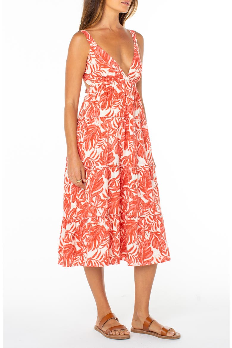 Tula Monstera Print Tiered Open Back Midi Dress, Alternate, color, LANTANA