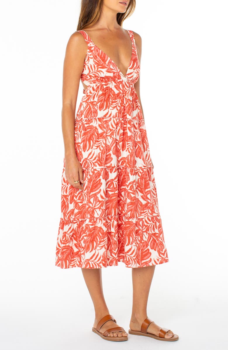 Roxy Tula Monstera Print Tiered Open Back Midi Dress, Alternate, color, Lantana