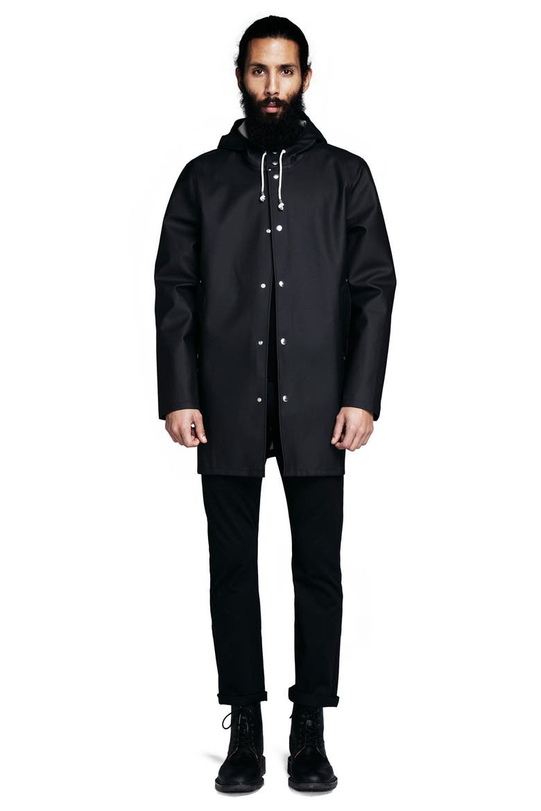 Stockholm Long Sleeve Hooded Raincoat, Alternate, color, BLACK