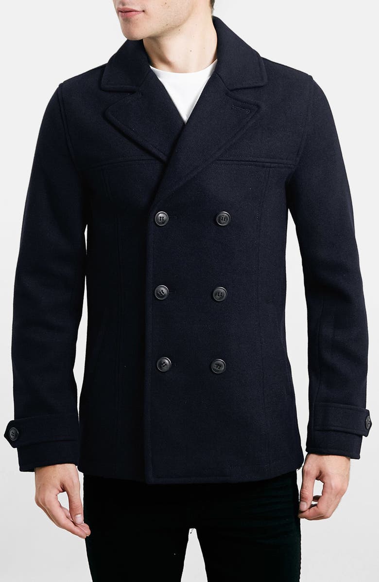 Topman Wool Blend Double Breasted Peacoat, Main, color, 