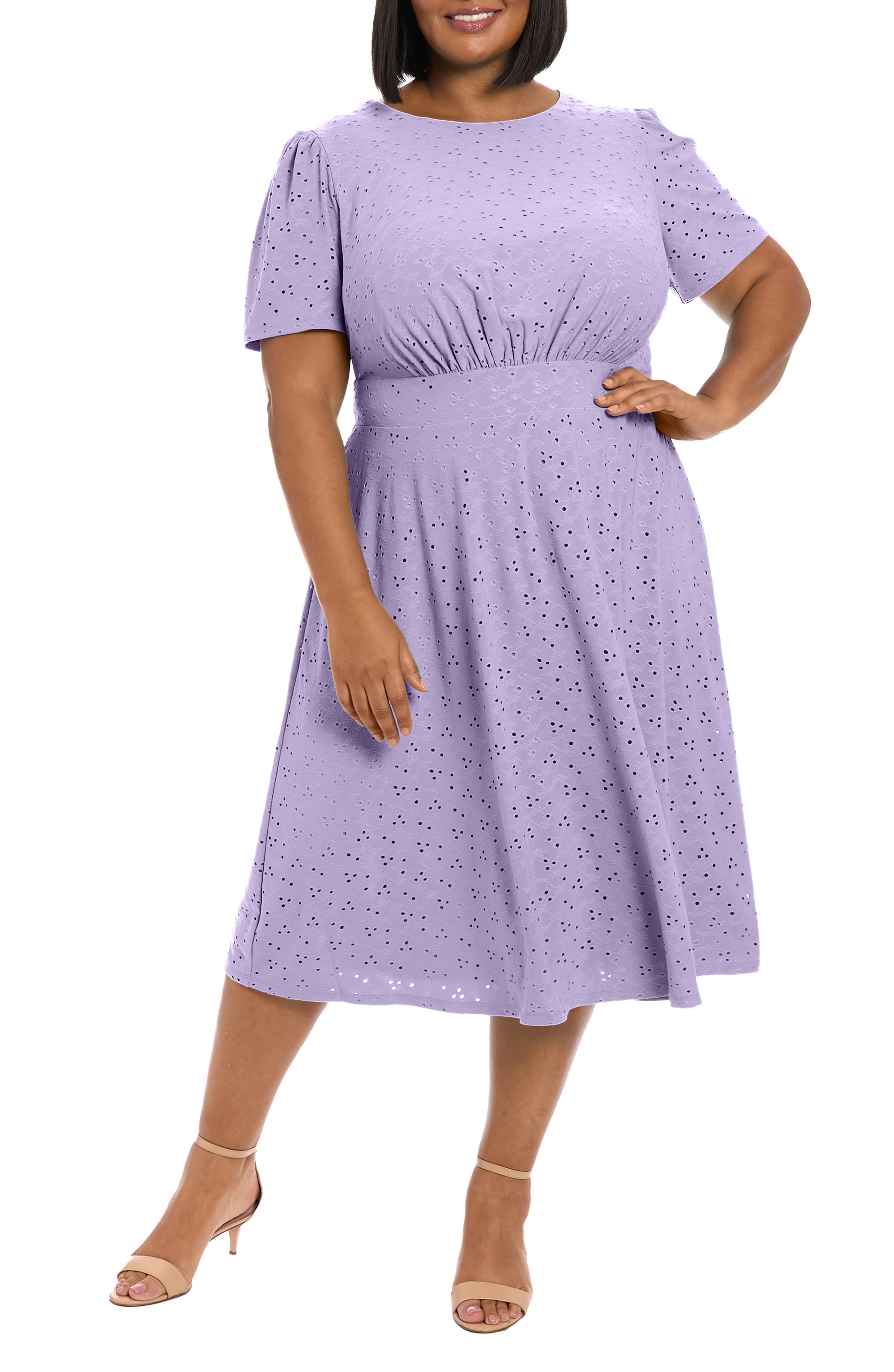 London Times Eyelet Short Sleeve Empire Waist Midi Dress