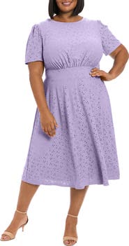 London Times Eyelet Short Sleeve Empire Waist Midi Dress