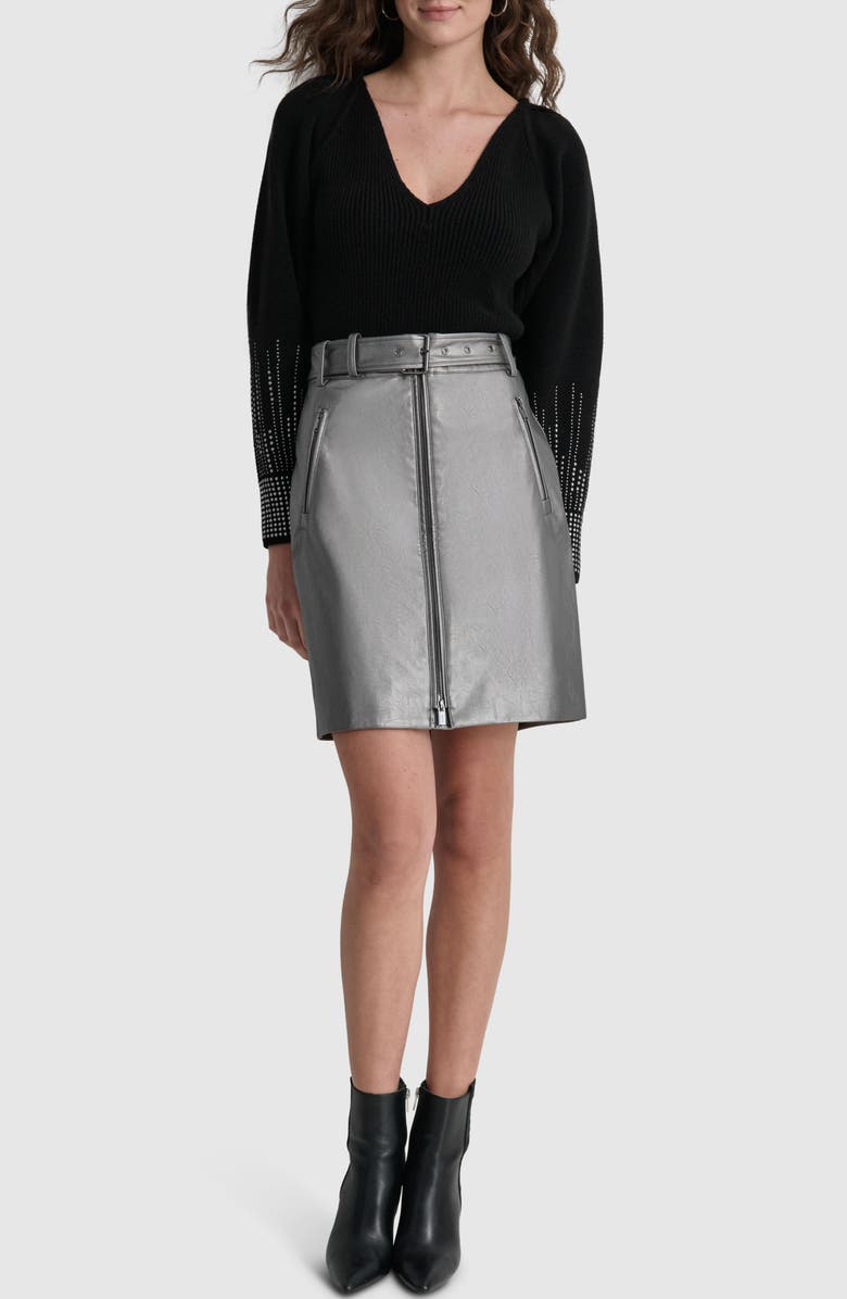 DKNY Belted Metallic Faux Leather Skirt, Alternate, color, 