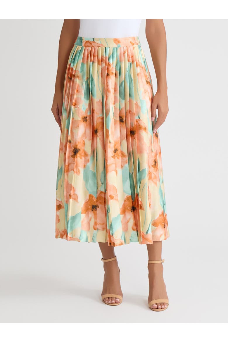 Floral Pleated Crepe de Chine Maxi Skirt, Main, color, Sunglow/Mystic Green