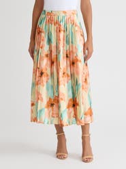 Misook Floral Pleated Crepe de Chine Maxi Skirt
