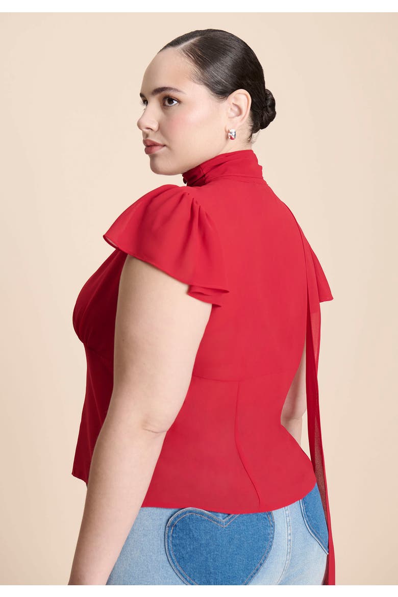 Flutter Sleeve Top With Necktie, Alternate, color, CRIMSON