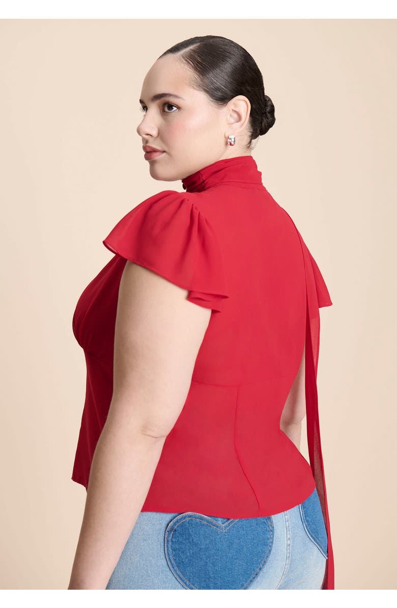 ELOQUII Flutter Sleeve Top With Necktie, Alternate, color, Crimson