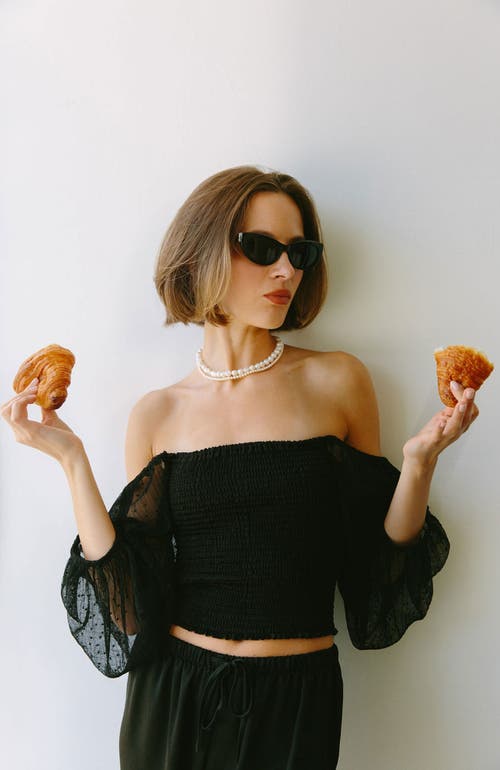 Whimsy + Row Cameron Top In Black Sheer Polka Dot