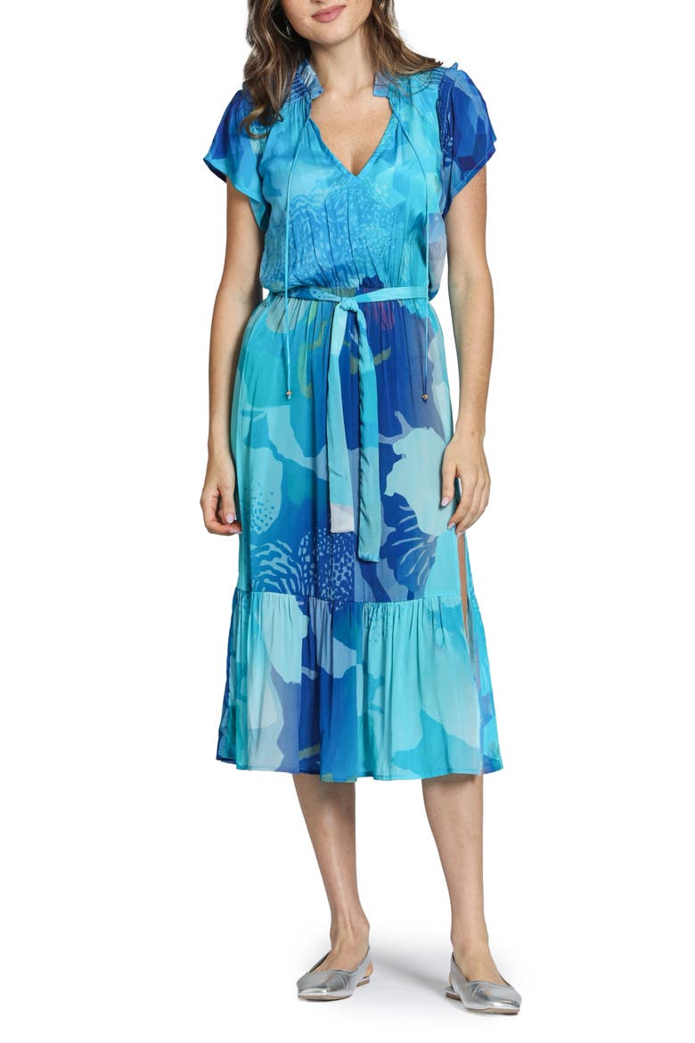 Print Short Sleeve Midi Dress, Main, color, BRIGHT BLUE MULTI