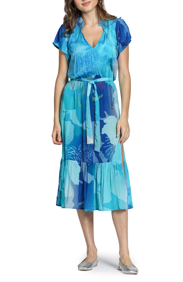 APNY Print Short Sleeve Midi Dress, Main, color, Bright Blue Multi