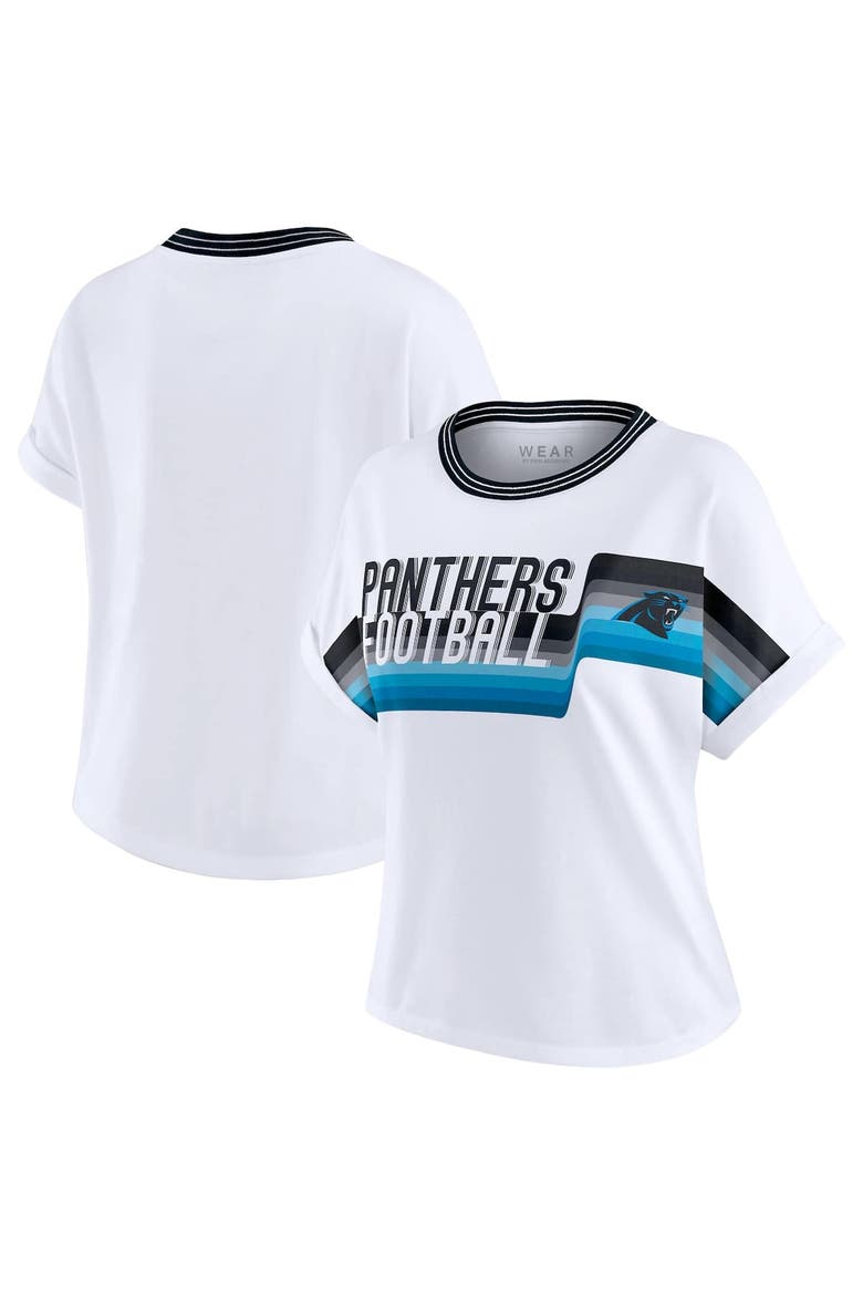 Women's WEAR by Erin Andrews White Carolina Panthers Cropped Center Stripe Dolman T-Shirt, Main, color, White