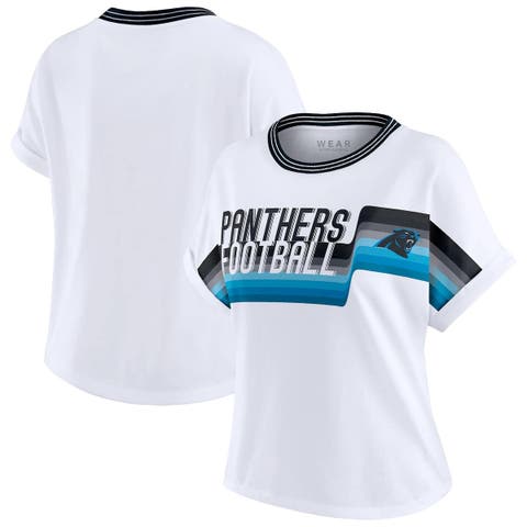 Women's WEAR by Erin Andrews White Carolina Panthers Cropped Center Stripe Dolman T-Shirt