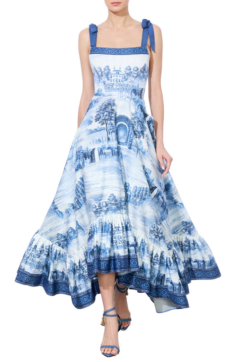 Alice + Olivia Rosalee Mixed Print Tie Strap Stretch Cotton Dress, Main, color, 