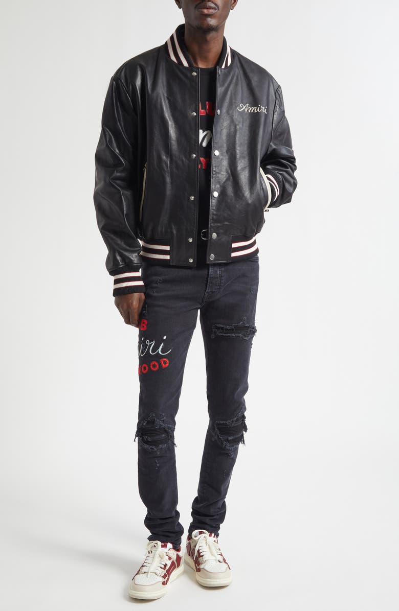 AMIRI Club Amiri Embroidered Leather Varsity Jacket, Alternate, color, Black