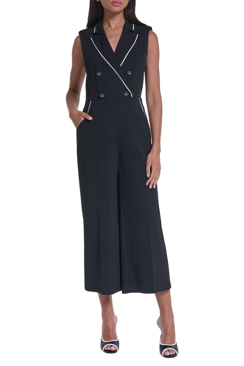 Contrast Piping Detail Scuba Crepe Jumpsuit, Main, color, BLACK/ SOFT WHITE