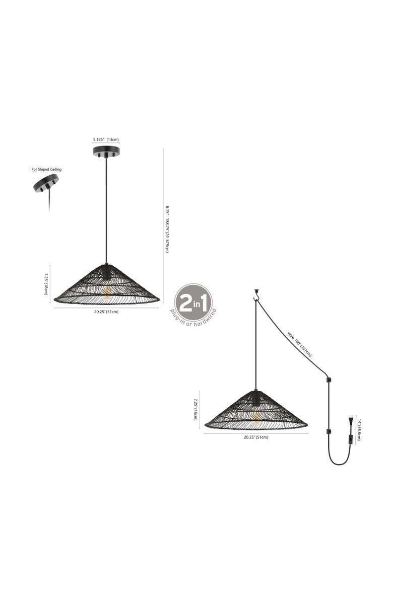 JONATHAN Y Nova 20.25" 1-Light Farmhouse Coastal Rattan 180" Cord Plug-In or Hardwired LED Pendant, Alternate, color, 