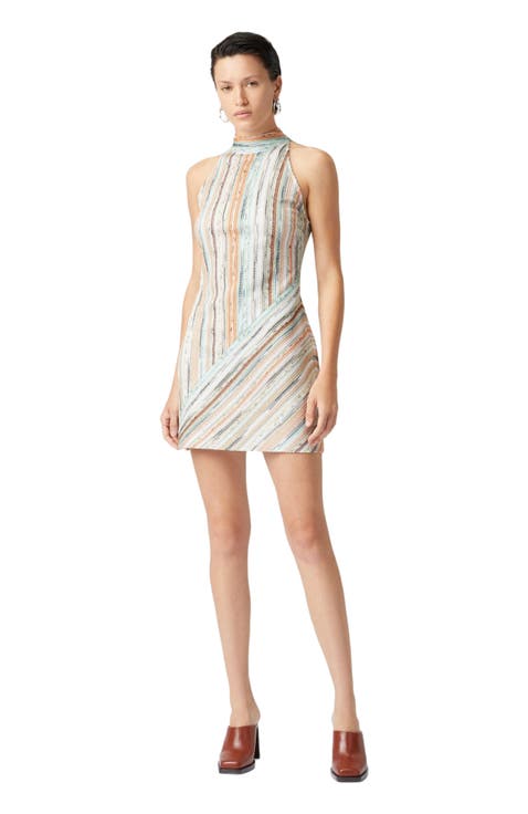 Sleeveless Mini-dress In Striped Lamé Slub Viscose