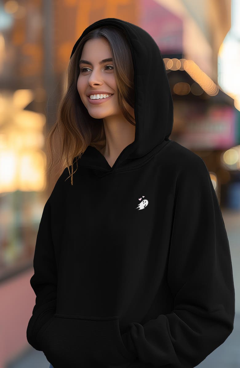 Dalix Womens Heartly Ghost Midweight Fleece Relaxed Hooded Sweatshirt, Alternate, color, Black