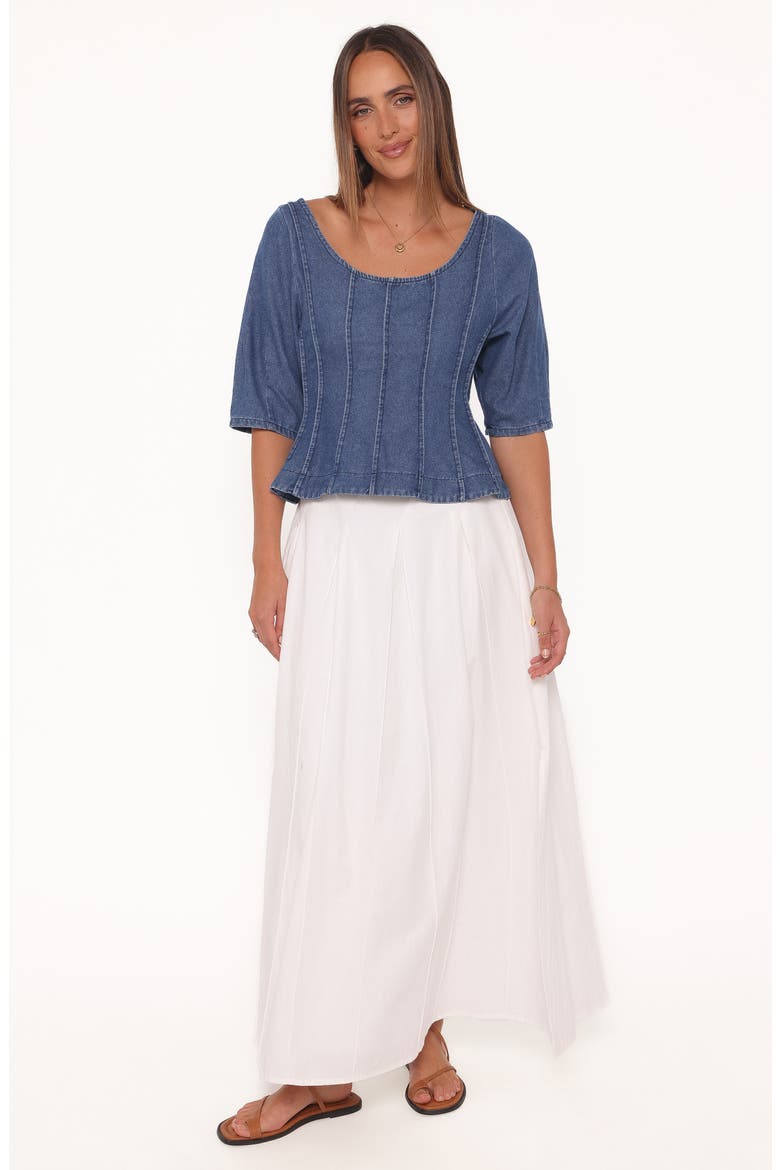 Saylor Puff Sleeve Seamed Peplum Denim Top, Alternate, color, BLUE MEDIUM WASH