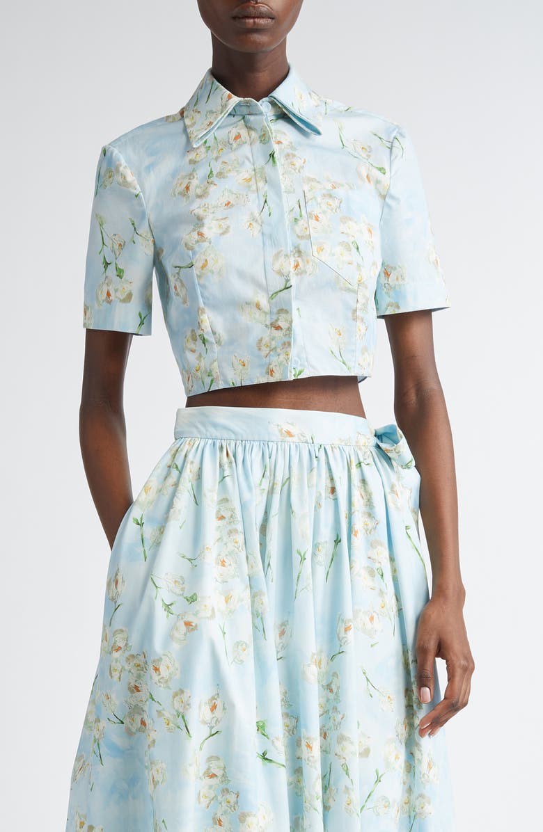 Emilia Wickstead Natalie Floral Cotton Poplin Crop Shirt, Main, color, Little Lillies On Blue