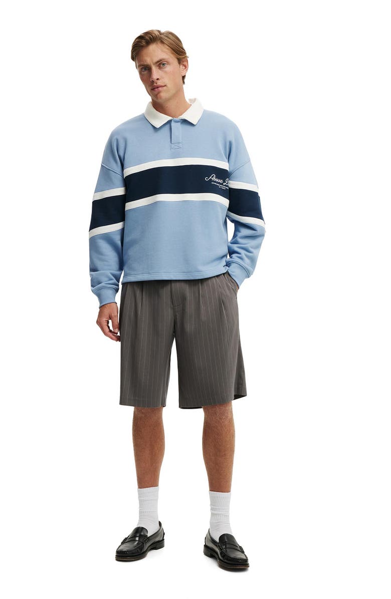 Cotton On Men's Cropped Fit Graphic Fleece Polo, Alternate, color, Riviera Blue Vintage White