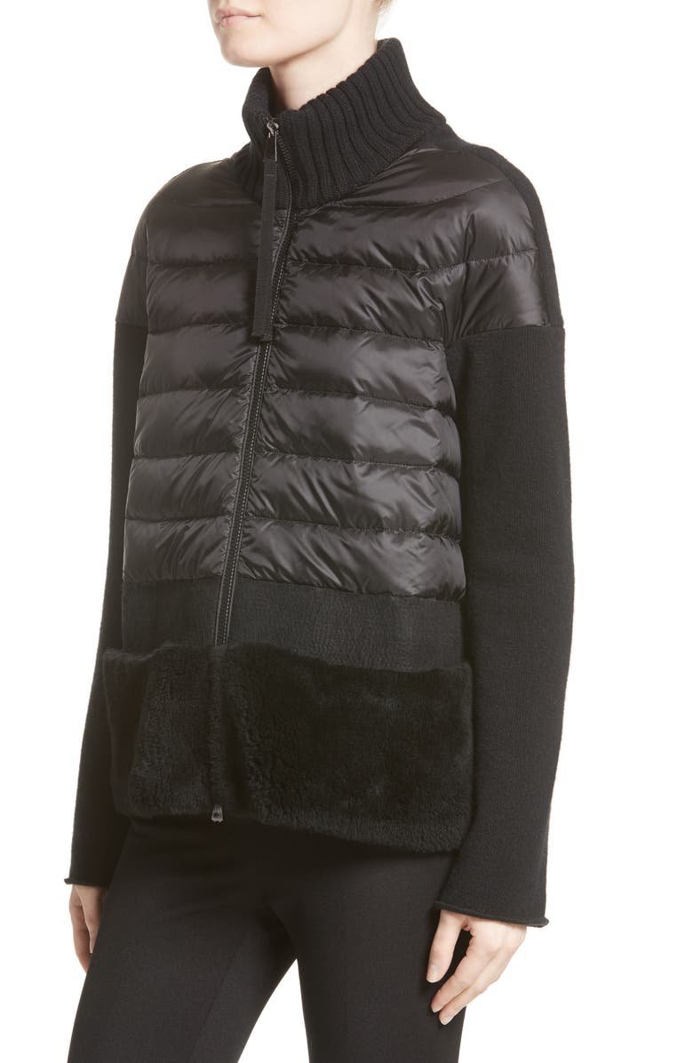 Moncler Genuine Shearling Trim Quilted Cardigan, Alternate, color, 