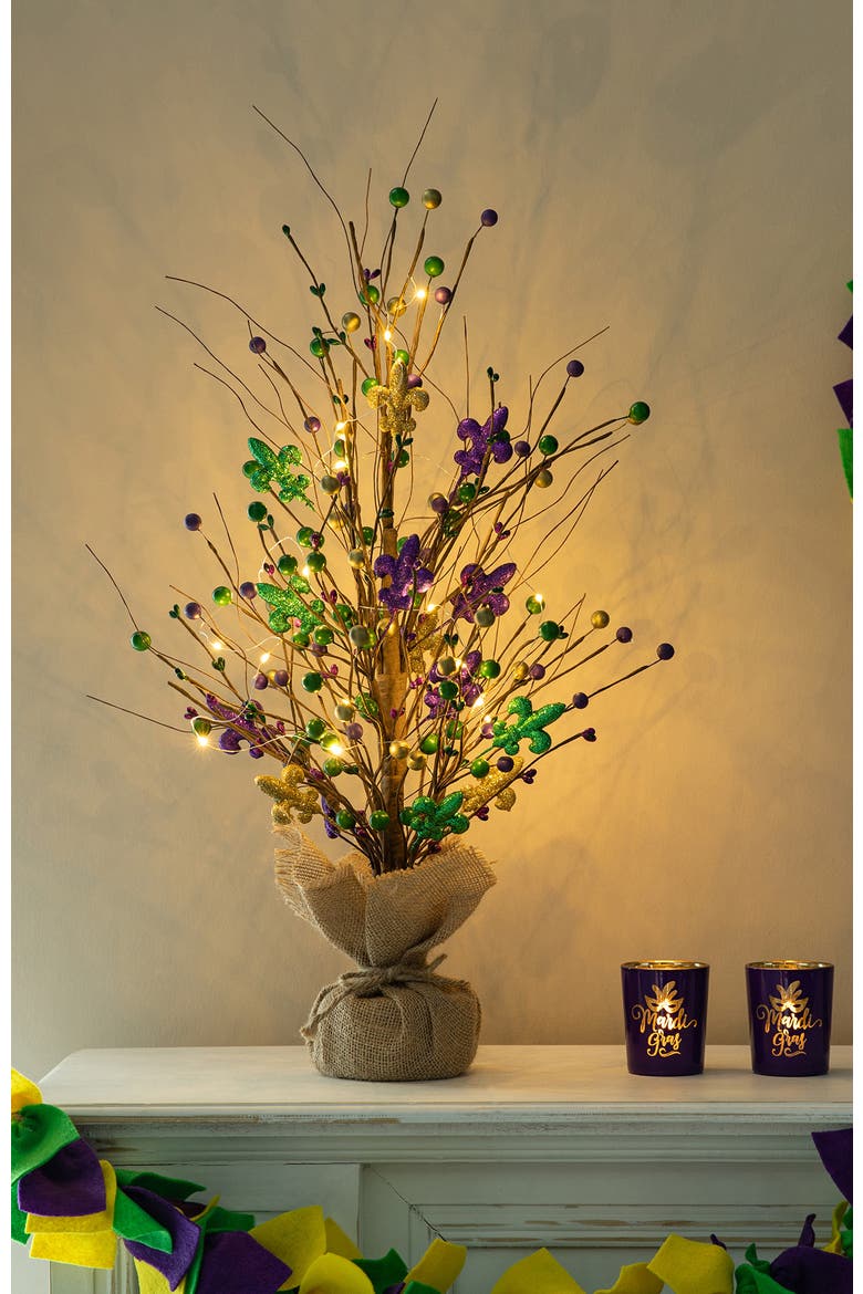 Mardi Gras Lighted Fleur-de-Lis & Berry Table Tree, Alternate, color, Purple
