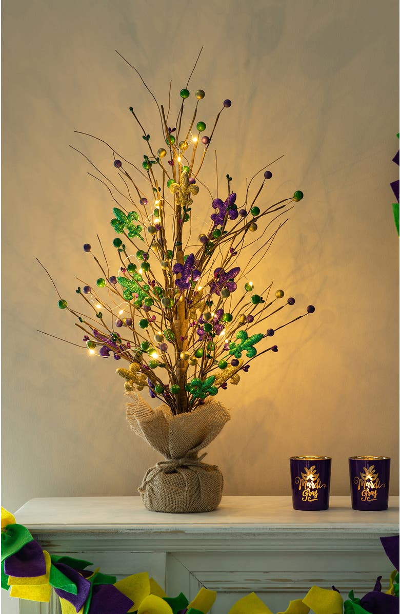 Glitzhome Mardi Gras Lighted Fleur-de-Lis & Berry Table Tree, Alternate, color, Purple