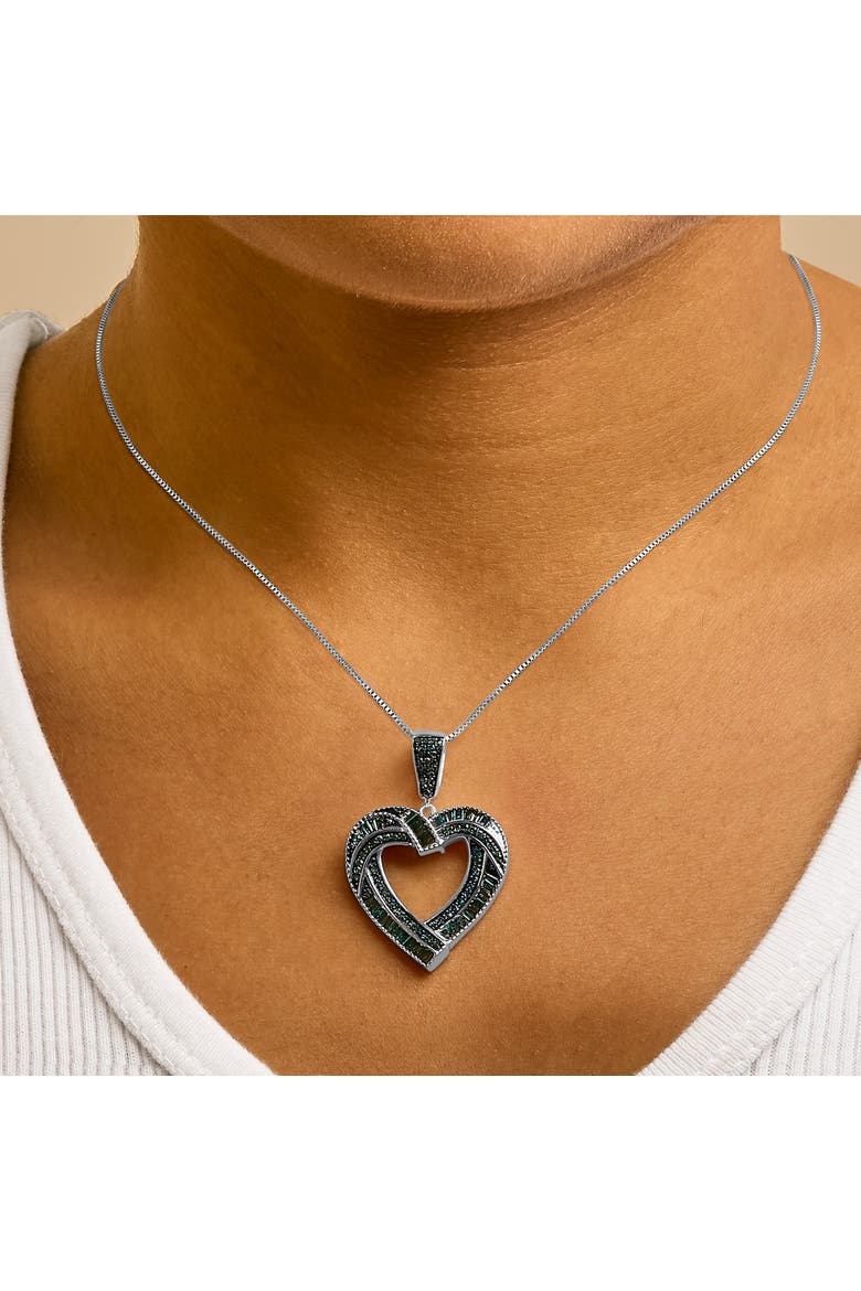 .925 Sterling Silver 1.00 Cttw Baguette and Round Blue Diamond Open Heart Pendant Necklace, Alternate, color, Silver