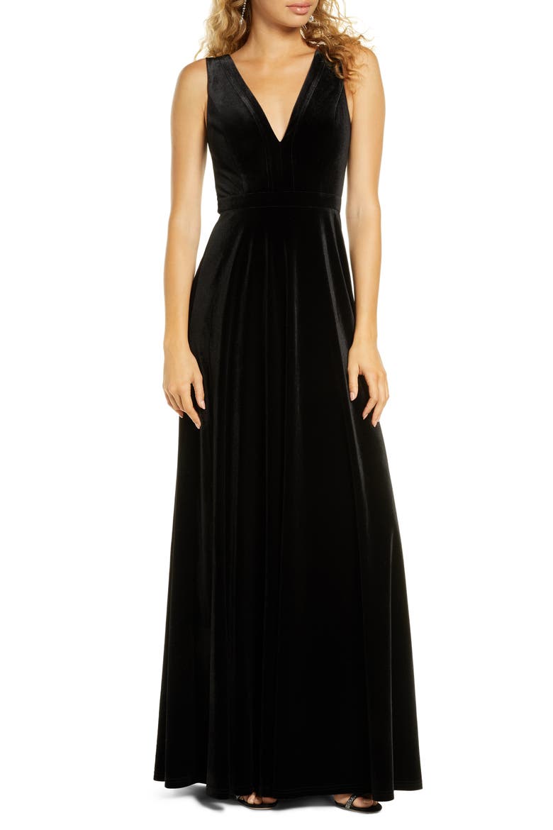 Besame Beautiful Night V-Neck Velvet Gown, Main, color, BLACK